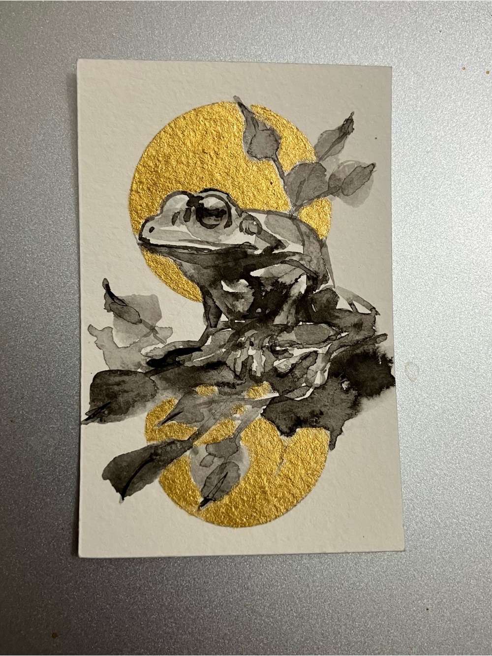 Original frog miniature realism painting amphibian sumi-e art gift collectible